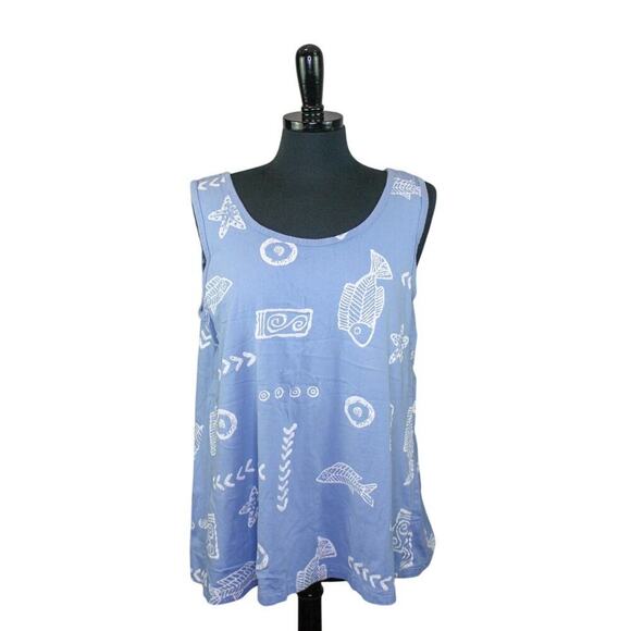 Baba Hawaii USA Tank Top A Line Blue White Ocean Fish Geometric Print - Picture 1 of 3
